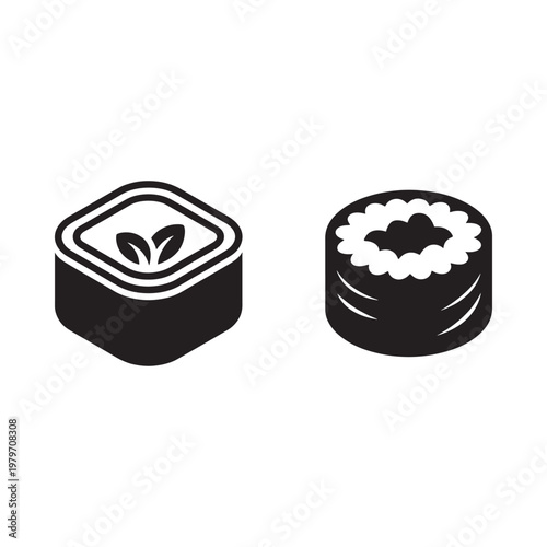 Black and white illustration of nigiri and maki sushi pieces