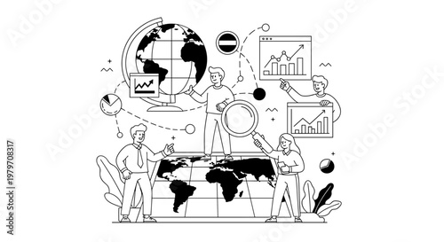 Team of business professionals collaborating on global strategy, analyzing world map data, charts, and magnifying glass for insightful research and planning.