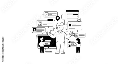 Team collaborating digitally with user profiles, progress bars, and communication bubbles, showcasing project management and online teamwork in a clean, modern vector style with