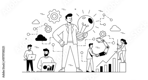 Teamwork collaboration involving a man holding a bright light bulb symbolizing innovation, a robot arm shaking hands with a person, people working on laptops with charts, and a