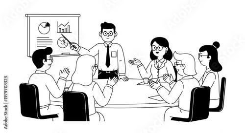 Team members attentively listen to a presenter explaining charts and graphs on a whiteboard during a collaborative office meeting, fostering discussion and idea sharing within a