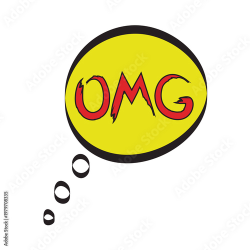 Comic book style thought bubble with OMG text in red speech bubble cartoon