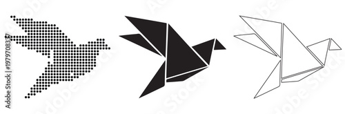 Origami Dove Collection: Pixel Art, Solid Silhouette, Outline Illustration