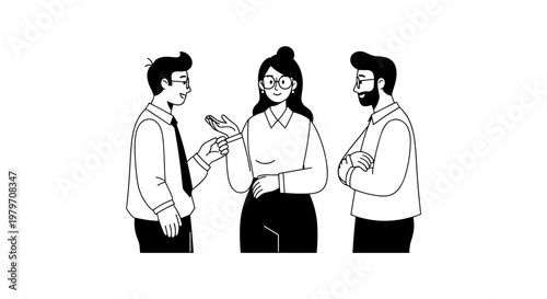 Three diverse professionals in minimalist black and white line art style, engaging in a collaborative discussion, presenting a scalable vector graphic for modern business