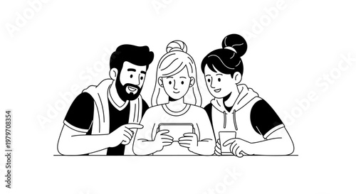 Three diverse friends gather closely, sharing a mobile device with smiles, pointing and looking intently at the screen, conveying connection and shared digital experience with