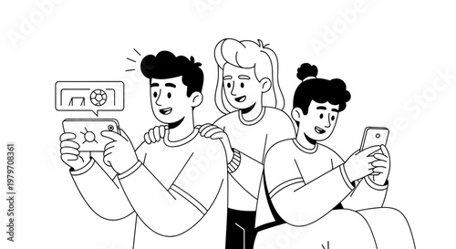 Three friends joyfully share a mobile phone screen, capturing a soccer goal moment with excited expressions, depicting modern communication and shared digital experiences through