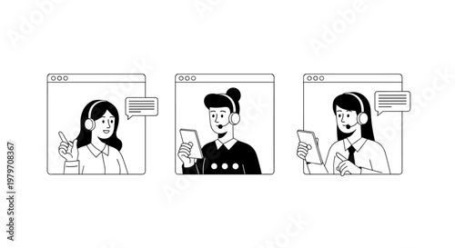 Three diverse individuals wearing headsets, engaged in virtual communication via digital screens, demonstrating customer support, online assistance, and remote teamwork with