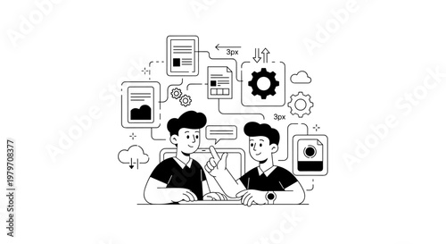 Two men collaborating on a project, discussing data flow and digital assets, utilizing cloud storage and gear icons, with clean lines and a minimalist monochrome palette for