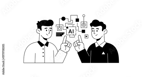 Two men pointing fingers at a network diagram with 'ai' prominently displayed, representing collaboration, technology, and intelligent systems development in a clean, modern,