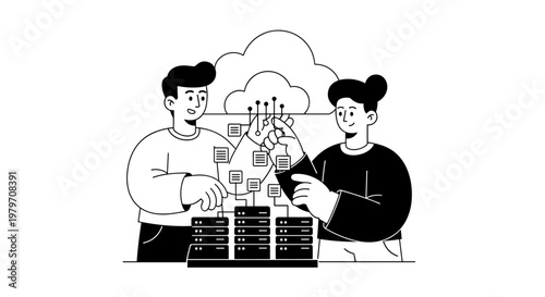 Two professionals collaborating on cloud computing infrastructure, connecting servers and data streams with a stylized cloud formation, conveying teamwork and digital connectivity