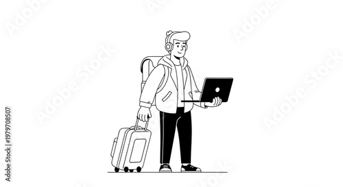 Young man with headphones and backpack pulls a wheeled suitcase while holding a laptop, representing modern travel, remote work, and digital nomadism with clean linework and a