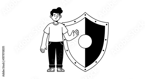 Young man with dark hair and a friendly smile stands beside a striking black and white shield, offering protection and security concepts with clean, modern lines and bold shapes.