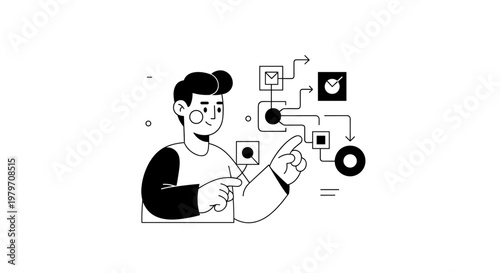 Young man with dark hair, wearing a black and white shirt, points with his finger at a flowchart of interconnected geometric shapes and symbols, representing a workflow or process