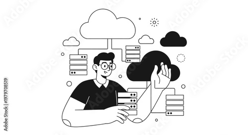 Young man with glasses interacting with cloud servers and data storage systems, representing technology, digital transformation, and information management with clean lines and