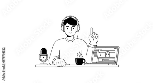 Young man with headphones gestures with finger raised near laptop, steaming coffee cup, and vintage microphone, representing podcasting, streaming, or online broadcasting.