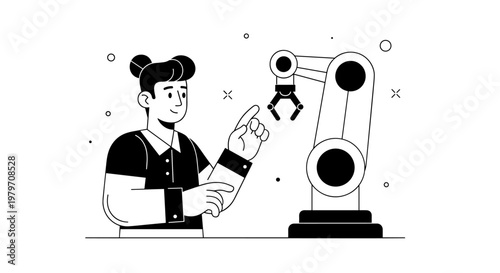 Young person in black shirt with white collar points finger towards robotic arm gripper, demonstrating modern automation technology, clean line art, minimalist design, concept of