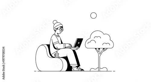 Young person wearing a beanie and glasses, comfortably seated on a large beanbag chair, typing on a laptop with a steaming cup of coffee nearby, beside a stylized tree under a