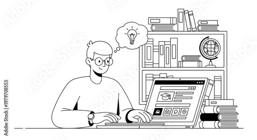 Young person wearing glasses thoughtfully working on a laptop, surrounded by books and a globe, with a lightbulb idea symbol appearing in a thought bubble, representing education,