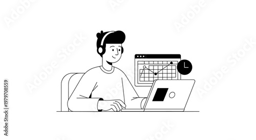Young person wearing headphones, focused on laptop screen displaying financial chart with time indicator, representing productivity and data analysis in a modern workspace, clean