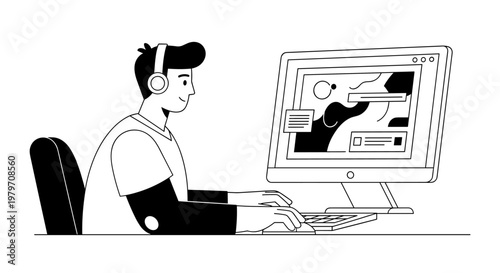 Young person wearing headphones, focused on computer screen displaying abstract shapes and text blocks, using keyboard and mouse, clean line art vector for digital media and