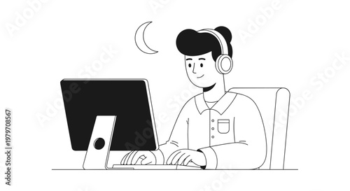 Young person wearing headphones works on a computer at night, with a crescent moon visible in the sky, rendered in a clean, modern vector line art style with bold black and white