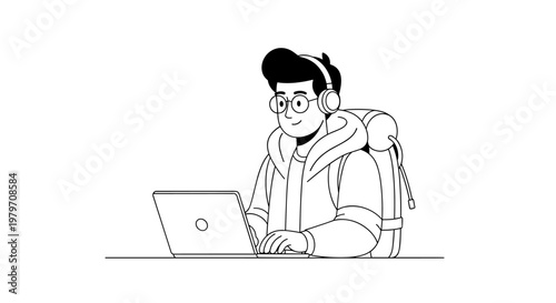 Young person with headphones and backpack working on a laptop, featuring clean lines, simple shapes, and a monochromatic palette, ideal for technology, education, or travel