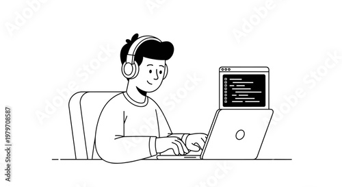 Young person wearing headphones intently typing on a laptop computer displaying code, sitting comfortably in a chair, minimalist black and white clean line vector artwork