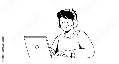 Young person with headphones focused on laptop computer, engaging in digital activities, listening to music, or working remotely, depicted with clean minimalist line art and a