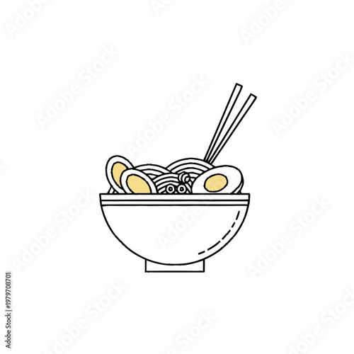 Ramen noodles in a bowl with chopsticks and sliced eggs. Delicious Japanese hot soup dish. Line art vector illustration.