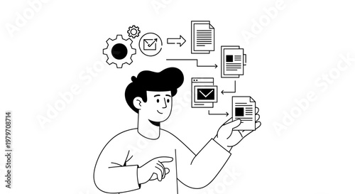 Digital workflow management system with a person interacting with documents, gears, and email icons, representing efficient process automation and data handling.