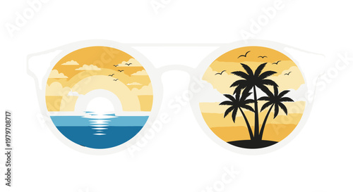 Summer sunglasses, beach vacation, tropical getaway, palm tree, sunglasses with scenery