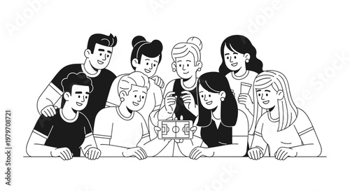 Diverse group of happy people gathered together, smiling and looking at a smartphone displaying a soccer field, suggesting shared excitement, community, and sports enthusiasm with