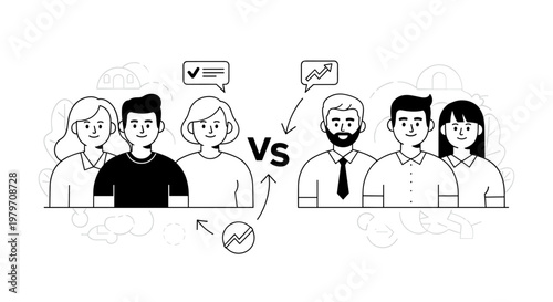 Diverse group of people representing contrasting teams or ideas, with clear visual cues like speech bubbles and growth charts, conveying comparison, debate, or selection processes