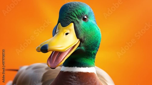 Colorful Duck Portrait on Bright Orange Background Close Up Animal Studio Shot