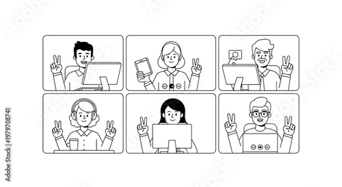 Diverse group of smiling people in video call frames, each displaying a peace sign, representing remote work, online communication, and team collaboration with clean line art and
