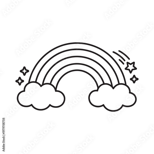 Simple black and white illustration of a rainbow with clouds and stars