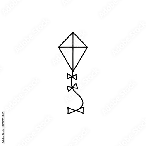 Minimalist black and white line art kite icon with decorative bow tail, simple outline drawing for leisure and outdoor activities.