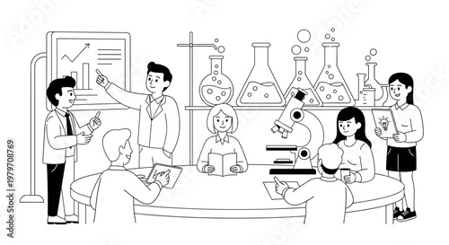 Diverse group of students and teacher engaged in scientific discussion and learning, utilizing laboratory equipment, charts, and tablets within a bright, modern classroom setting,