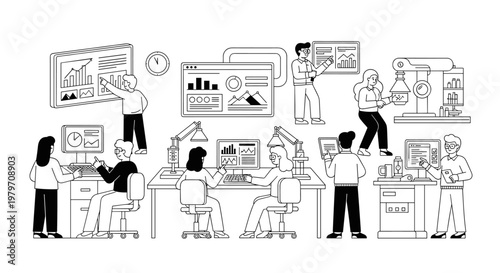 Diverse team members collaborating in a modern office setting, analyzing charts and data on computer screens and large displays, utilizing technology for business growth and