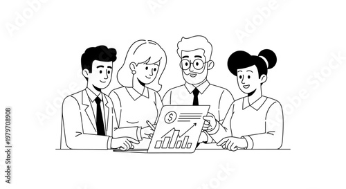 Diverse team of professionals collaborates intently reviewing financial charts and reports, demonstrating teamwork and strategic planning in a modern office setting with clean