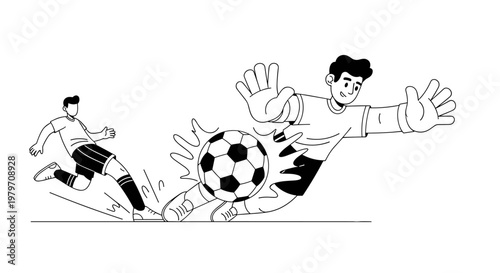 Dynamic black and white vector graphic captures a thrilling football match moment with a player kicking a ball towards a diving goalkeeper, showcasing clean lines and bold shapes