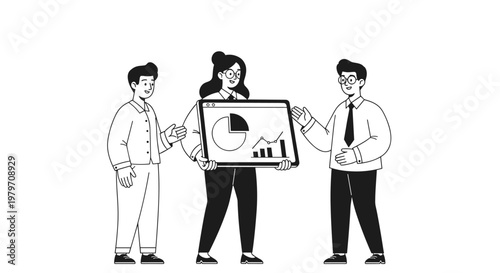 Diverse team of professionals collaborating, presenting financial data analysis on a digital tablet with pie charts and bar graphs, showcasing growth trends and strategic planning