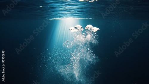 Diver swimming underwater towards sunlight beam from ocean surface with bubbles rising