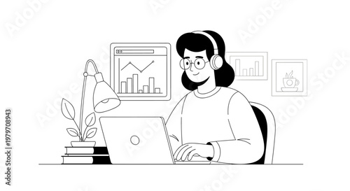 Focused female professional wearing headphones and glasses, working diligently on a laptop displaying financial charts, surrounded by books, a desk lamp, and a framed steaming
