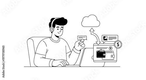Focused young man wearing headphones, interacting with a laptop displaying digital wallet and cloud services, signifying online transactions, financial management, and secure data