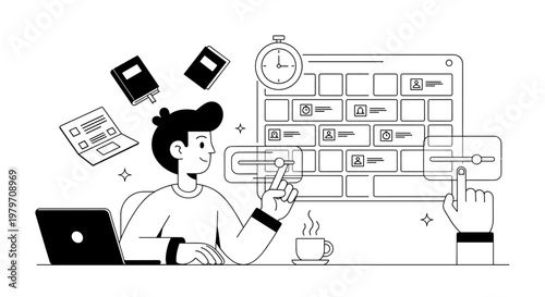 Focused young man with black hair, wearing a sweater, sits at a desk with a laptop, interacting with a digital interface featuring sliders, task cards, and a timer, while books