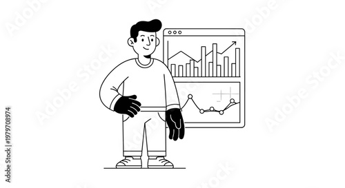 Friendly cartoon man with black gloves proudly stands beside a digital screen displaying upward trending bar and line graphs, symbolizing financial growth and analytical success