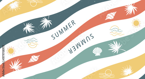 Summer wave patterns, colorful stripes, seasonal icons, decorative elements, vector graphics
