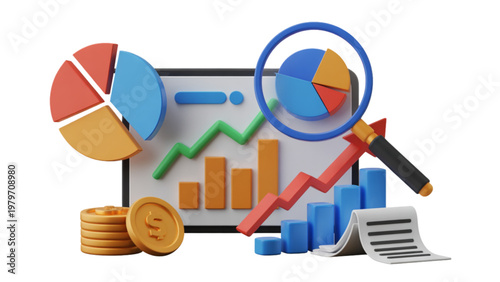 Analyzing financial data with magnifying glass and charts for investment decisions Vector
