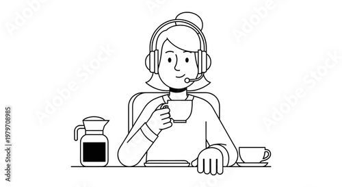 Friendly customer service representative wearing headset, holding coffee cup, with coffee pot and mug on desk, clean line art style, representing support, communication, and a